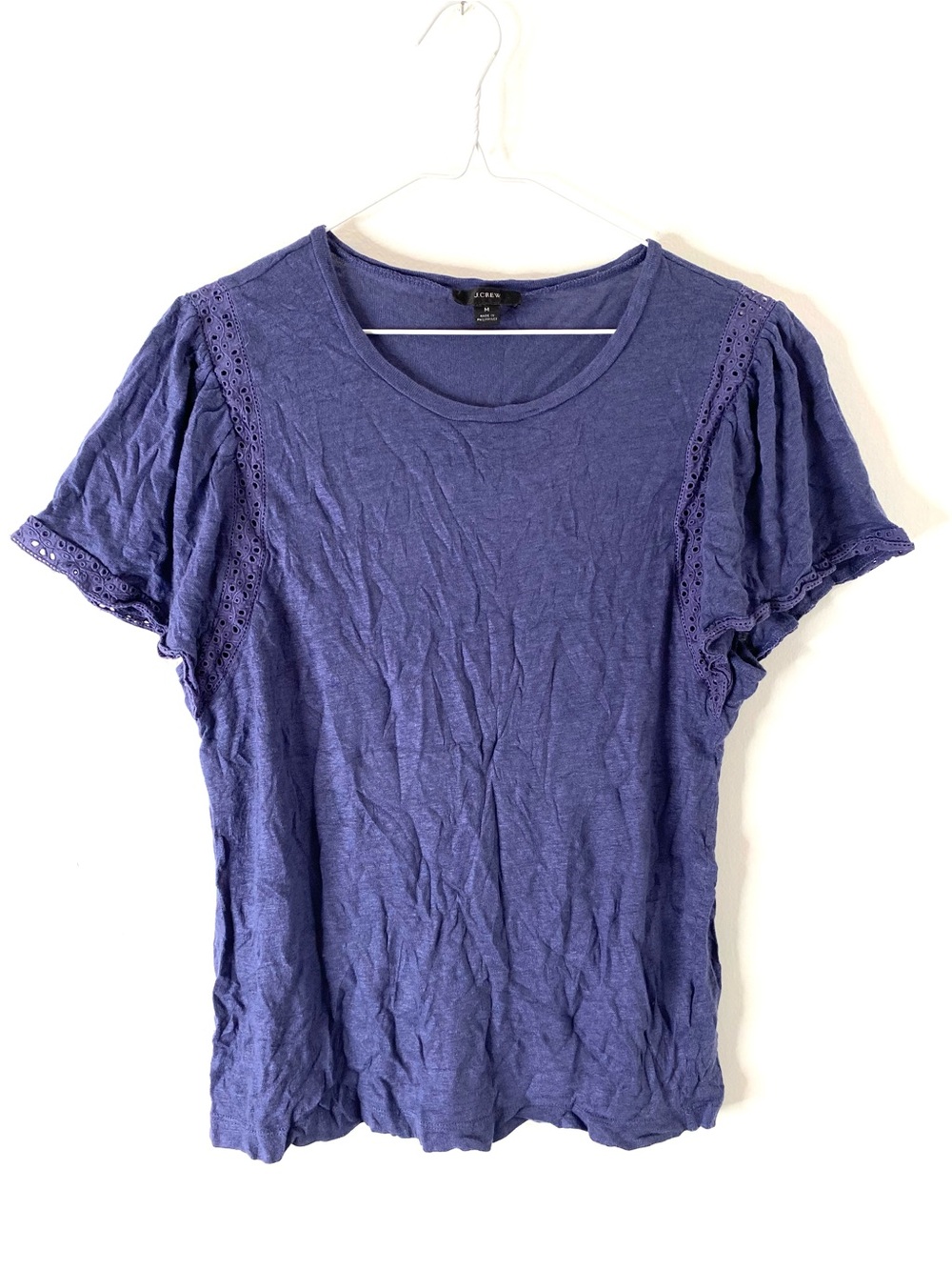 J. Crew Navy Blue Linen Flutter Sleeve Eyelet Trim Top Relaxed Fit
